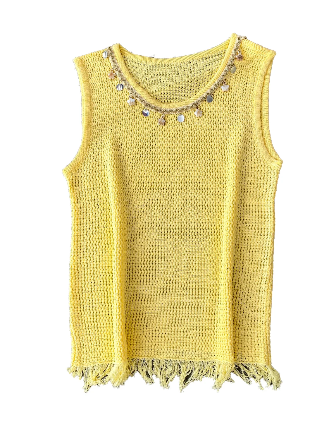 エレガントなニットフリンジベスト レディース 夏 ノースリーブ ラウンドネック ニットウェア トレンディなデザイン 通勤スタイル ルーズフィット ソリッドカラー