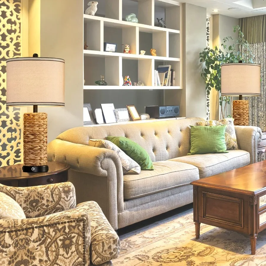 Rotan tafellamp set van 2 rieten lampen Dimbare Touch Zeegras tafellamp met 2 USB-poorten en 1 AC-uitgang voor slaapkamer Nightst