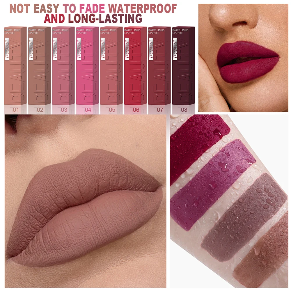 DUNUF 8-Color Matte Velvet Smooth Easy-to-Apply Square Tube Lip Gloss Waterproof Three-Dimensional Plumping Lipstick