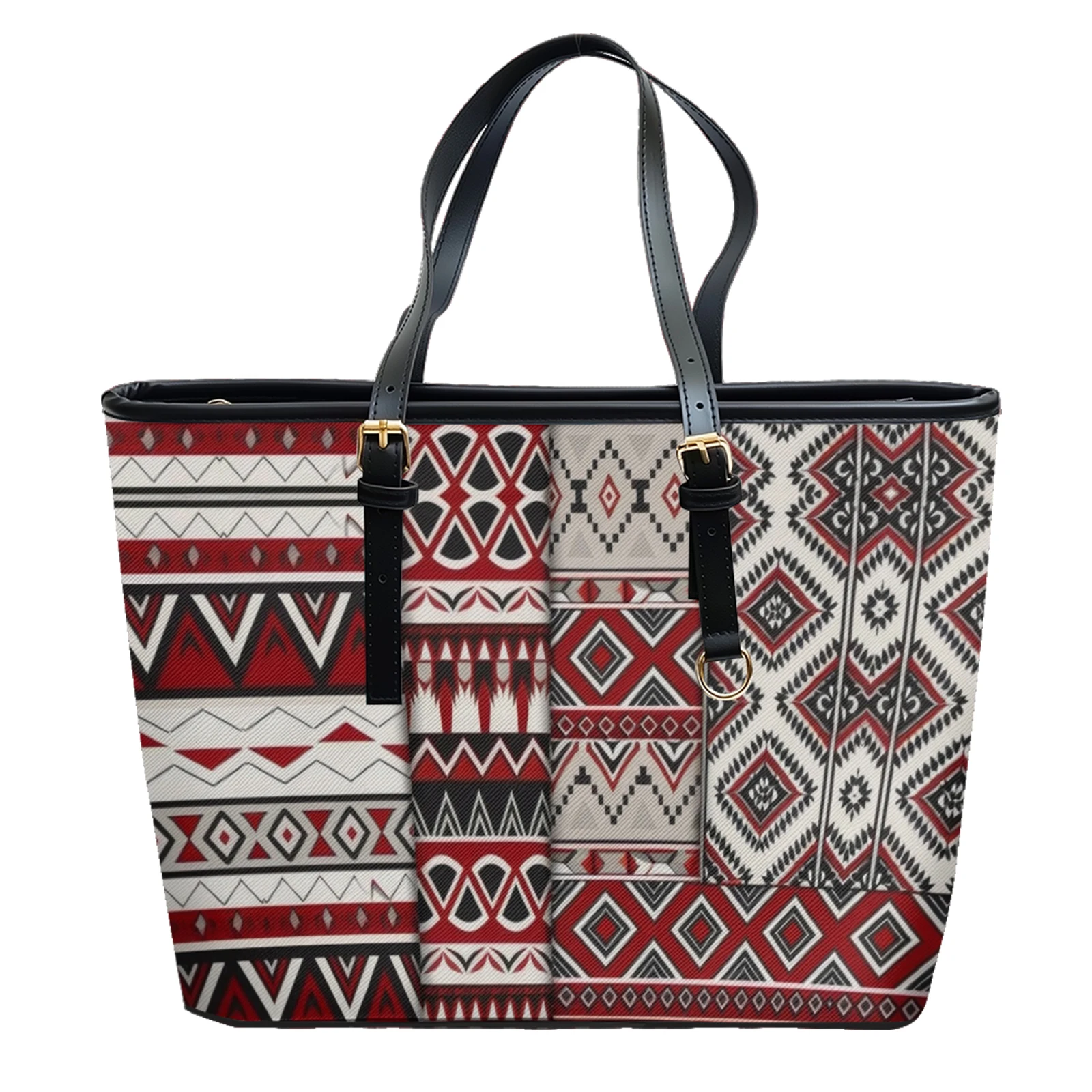 Geometric Tribal Totem Printed Oxford PVC Leather Shoulder Bag Zipper Lightweight Tote Daily Use Convertible Work Weekend Purse