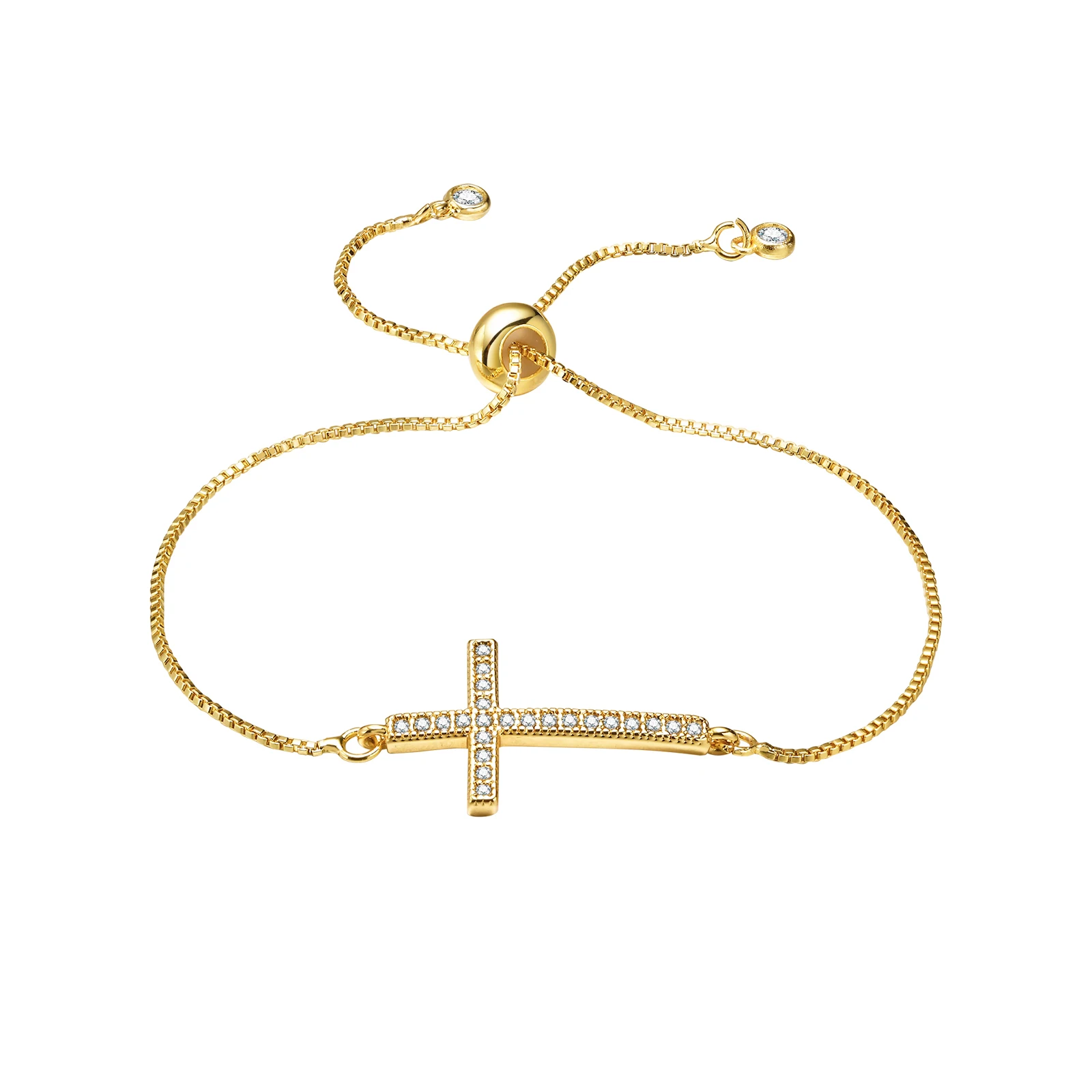 Pave Horizontal Cross Bracelet Women Zirconia Inlay, Adjustable Chain Sparkling Faith Jewelry