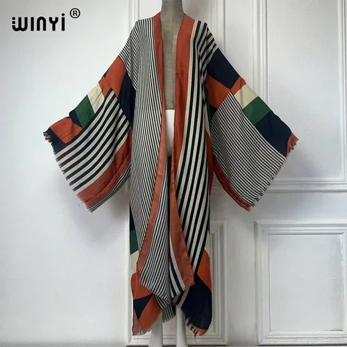 WINYI 아프리카 여름 패션 기모노 맥시 원피스 비치 커버 업 여성 가디건, 보호 섹시 코트, 기하학적 프린트 카프탄 비치 의상 