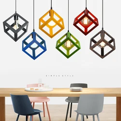 Retro Loft Pendant Industrial Wind Iron Hanging Lamp LED Square Indoor Lighting Fixtures For Kitchen Living Room Restaurant E27