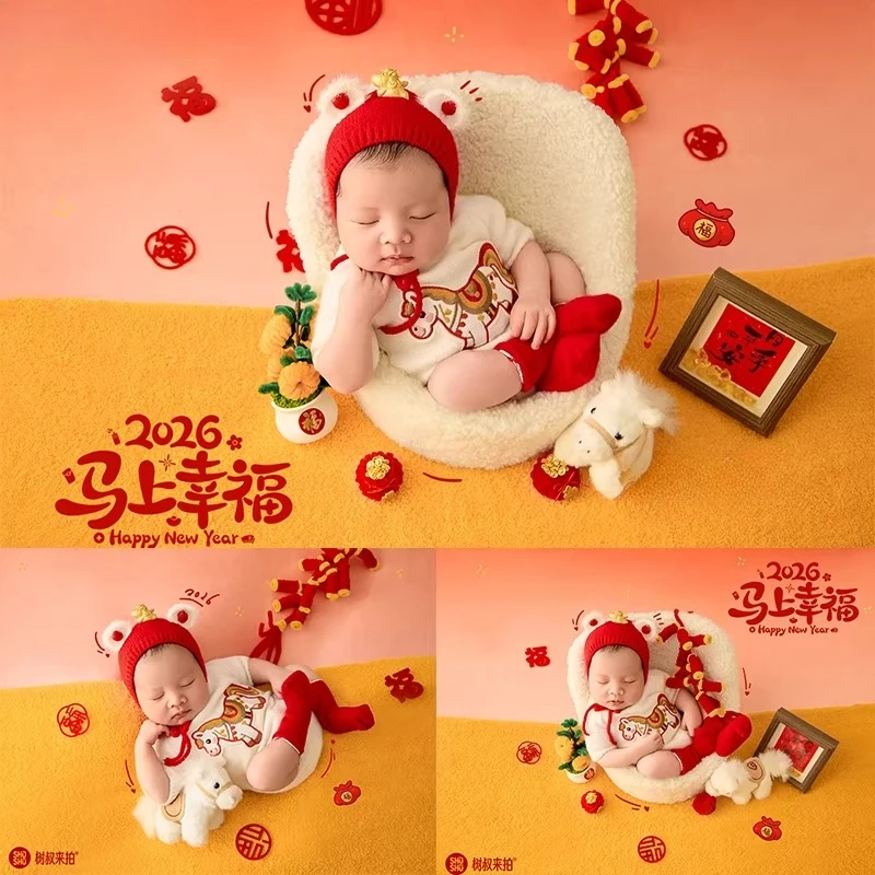 Newborn Photography Props Chinese New Year 2026 Horse Year Theme Set Knitted Outfit with Hat Decors Backdrop Studio Photoshoot