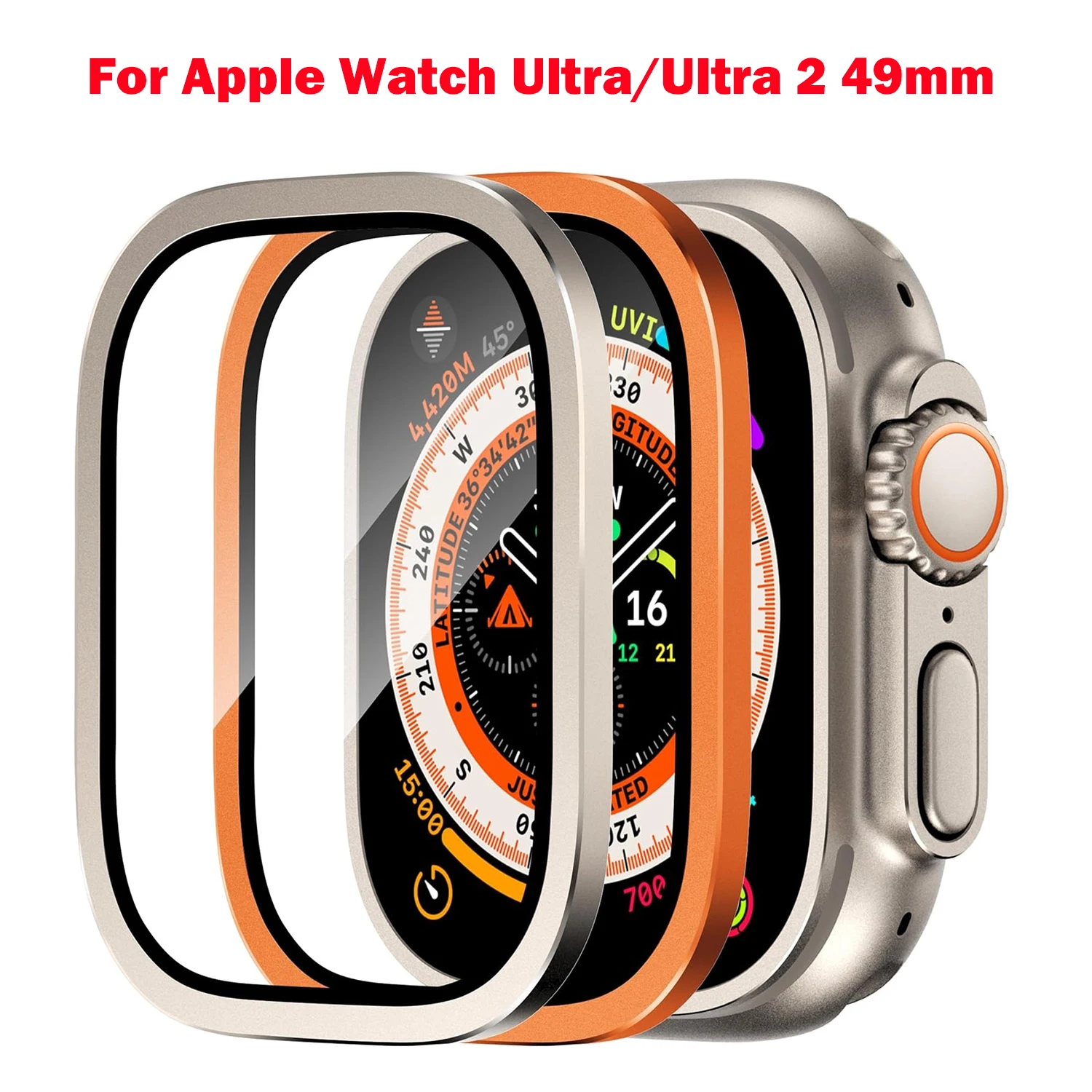 Gehärtetes Glas für Apple Watch Ultra 49 mm, Titan-Metallrahmenfolie für Serie Ultra 2, Displayschutzfolie, kratzfeste Abdeckung ﻿ ﻿