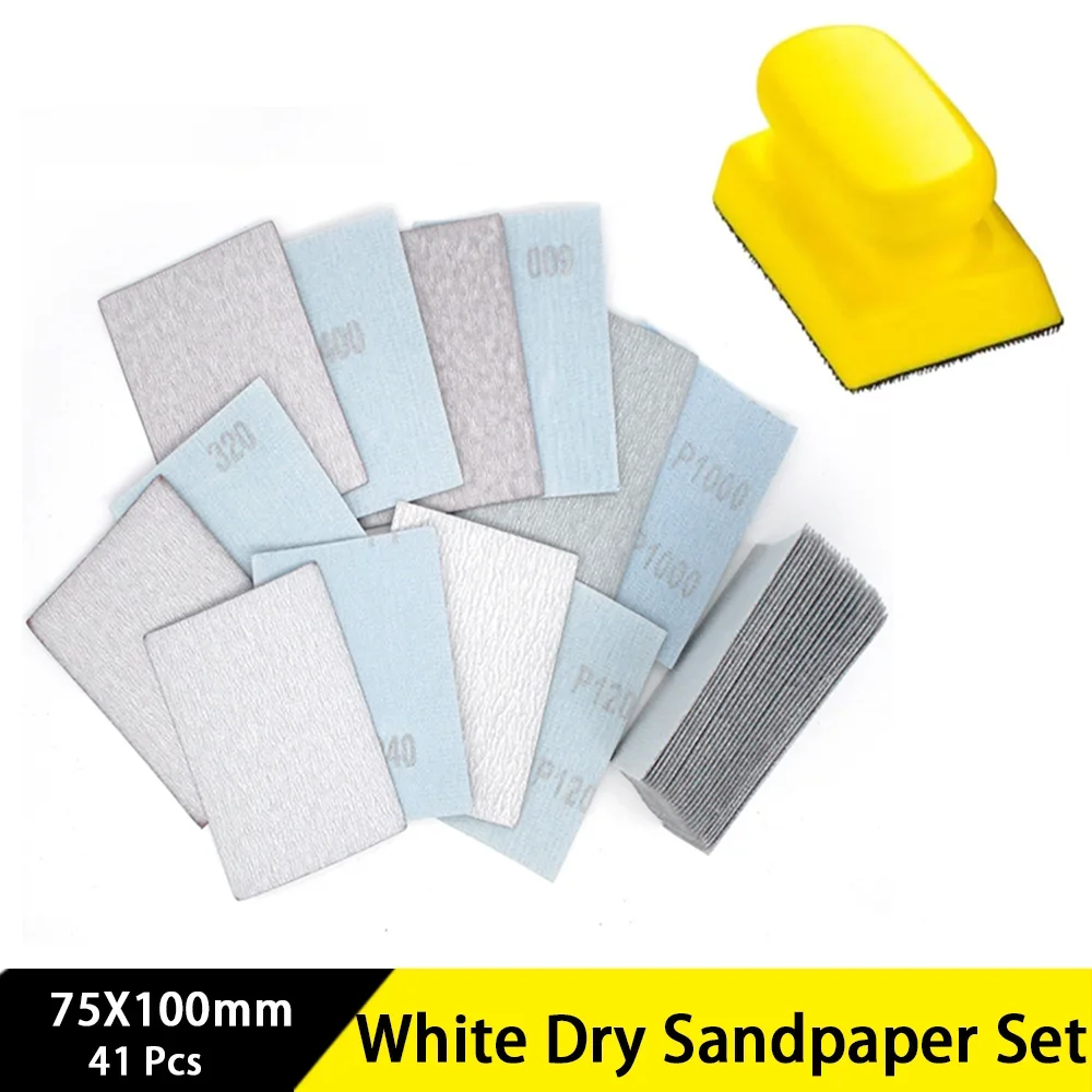 75X100 mm White Dry Sandpaper Set Assorted 80-1000 Grit 41 Pcs with Sanding Block for Wood Furniture Finishing Metal Automotive