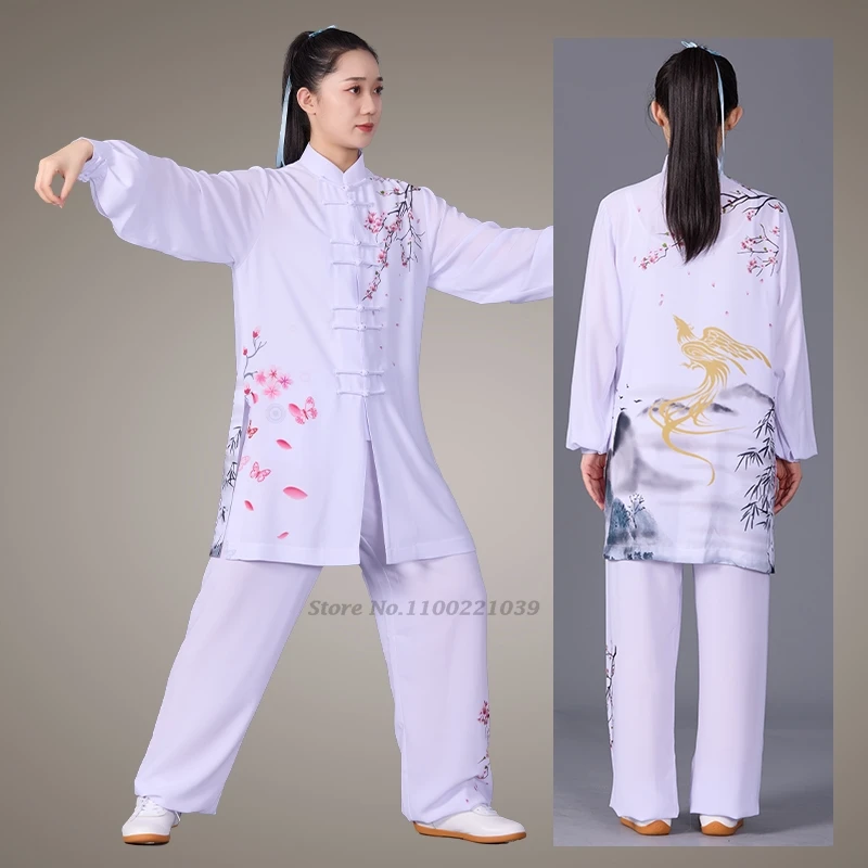 2026 chinese tai chi uniform wushu kung fu training practice martial arts wing chun flower print tops+pants set outdoor sports
