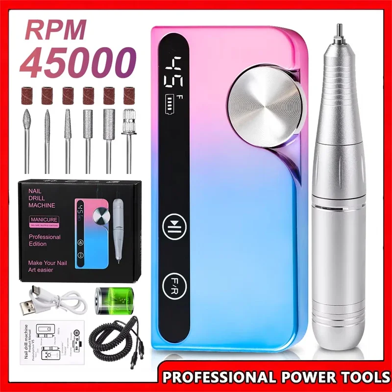 

Перезаряжаемая дрель для ногтей, 45000 об/мин, профессиональная малошумная машина для полировки ногтей, подходит для инструмента для полировки гель-лака для ногтей