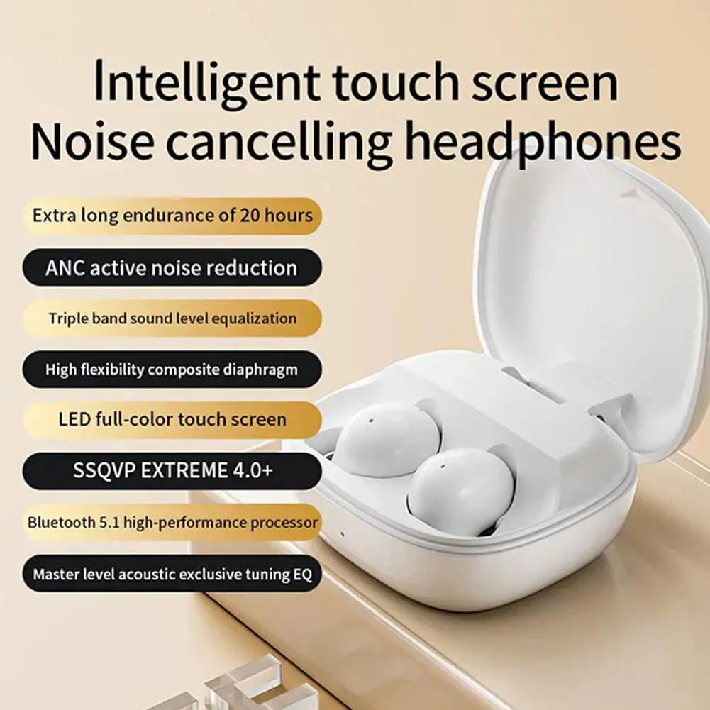 LCD Full Color Touch Screen Mini Bean Wireless Headset ANC Active Noise Reduction Plug-in Card Long Battery Life In-ear Headset