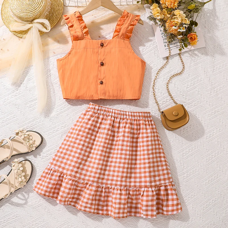 

Korean Style Girls Outfit Orange Color Square Collar Vest & Plaid Skirt Adorable Children Outfit Summer Casual Clothing