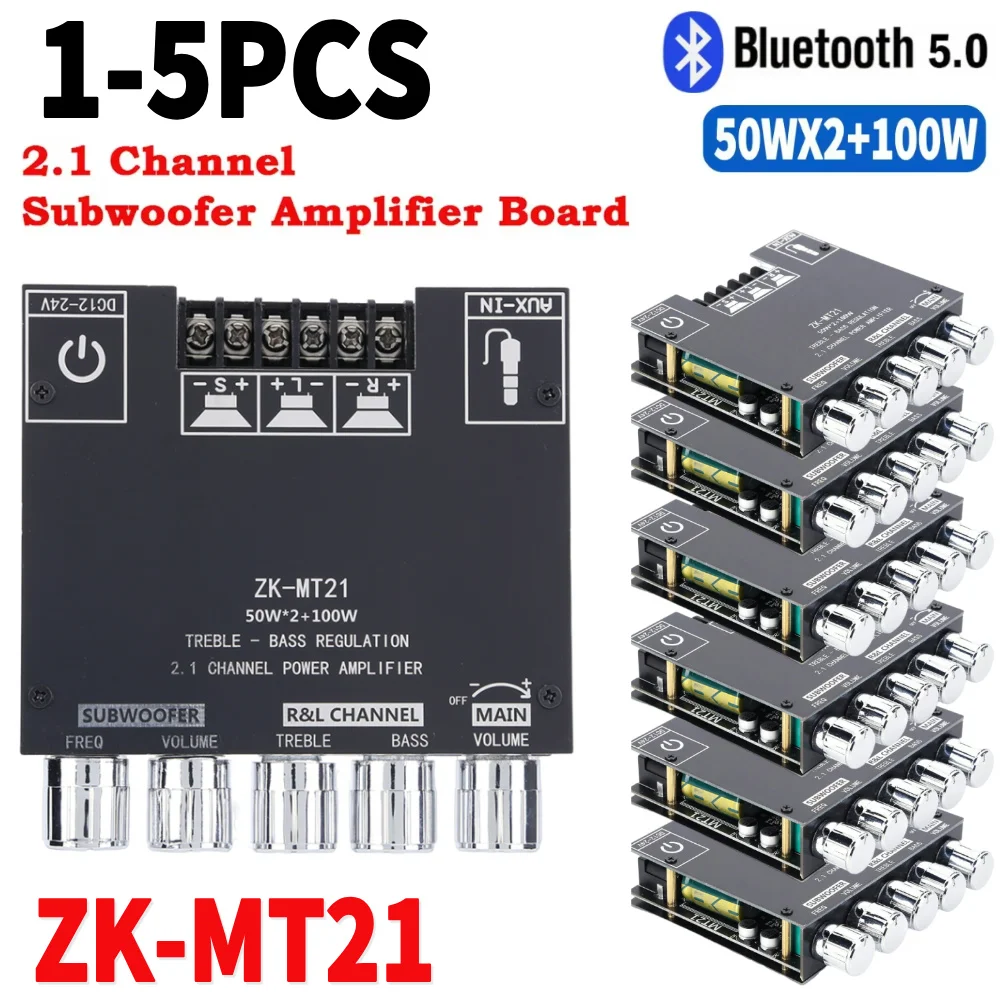 1-5PCSBluetooth 5.0 2.1 Channel Audio Power Stereo Amplifier Board module 50WX2+100W Bass Amp AUX Can Connected Antenna