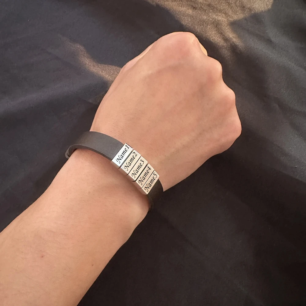 

Customized Personalized Bracelet Men Custom Boutique Carved Stainless Steel Classic Leather Bracelets Father's Day Jewelry Gift