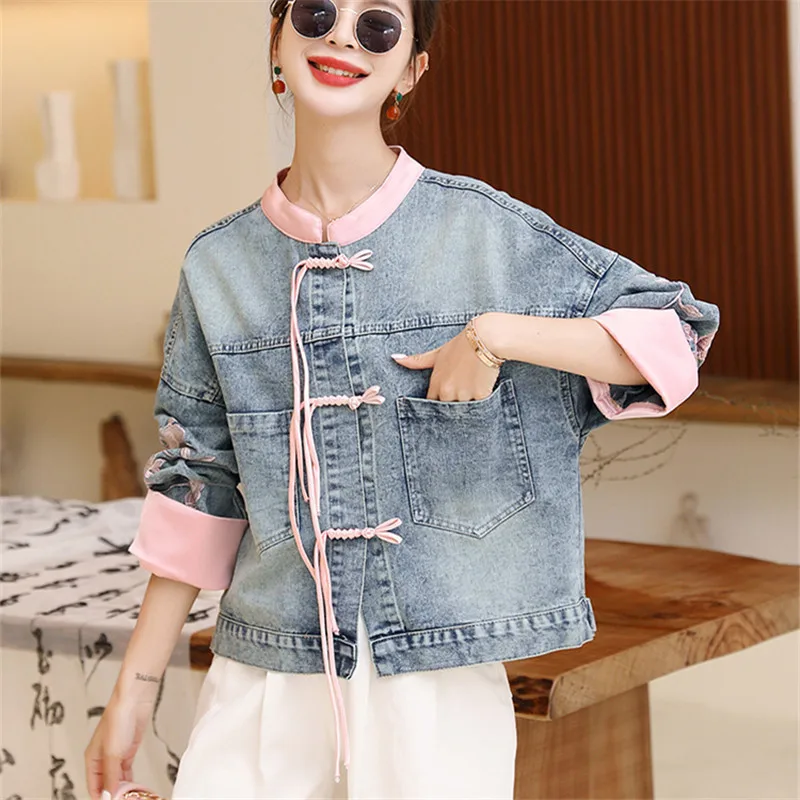 Jaket Denim pendek biru Vintage jaket Jeans wanita lengan panjang bordir bunga merah muda kerah berdiri saku besar longgar