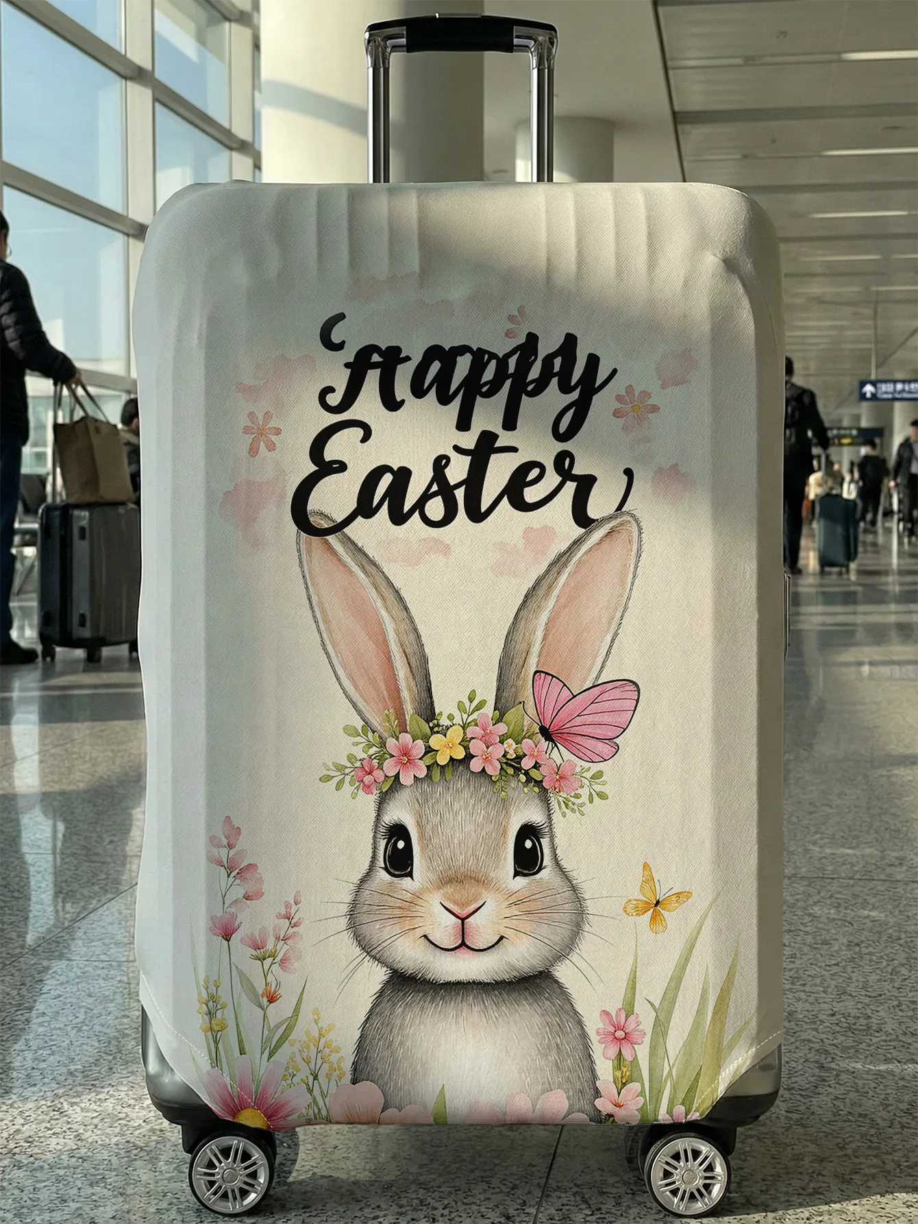 

White Base Easter Bunny Wreath Butterfly Luggage Cover, Suitable for 18-32 Inch Luggage Cover, Luggage Handle Glove, Travel Acce