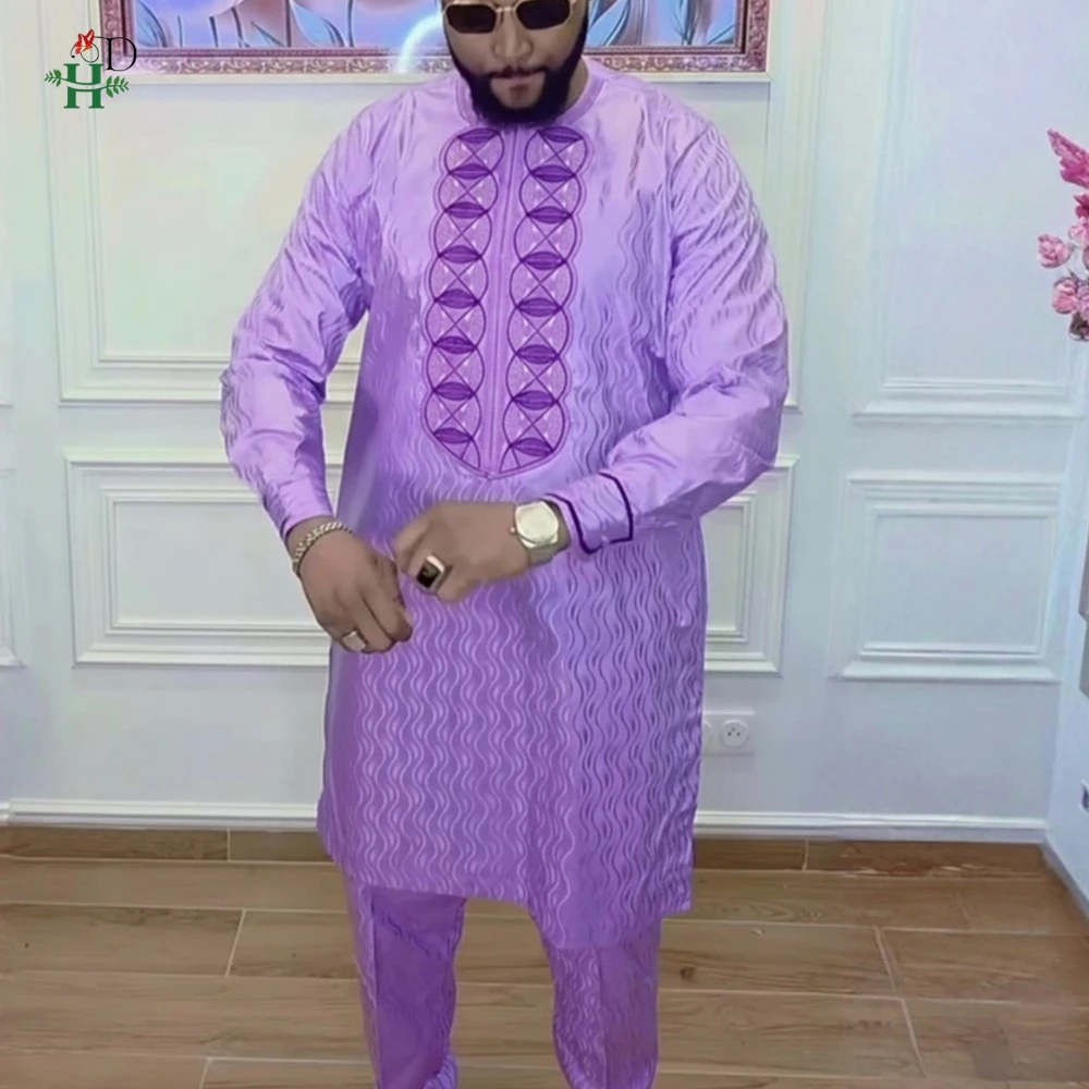 

New African Clothing For Man Traditional Agbada Sets 2PCS Purple Bazin Riche Shirt Pant Embroidery Wedding Party Suits Plus Size