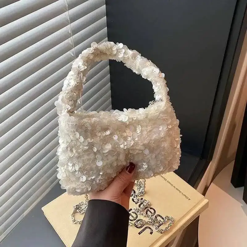 

Bloom Shining Beige Beading Messenger Purse Women High Street Chain Beauty Hand Bag Female Fairycore Y2k Ceossbody Bags