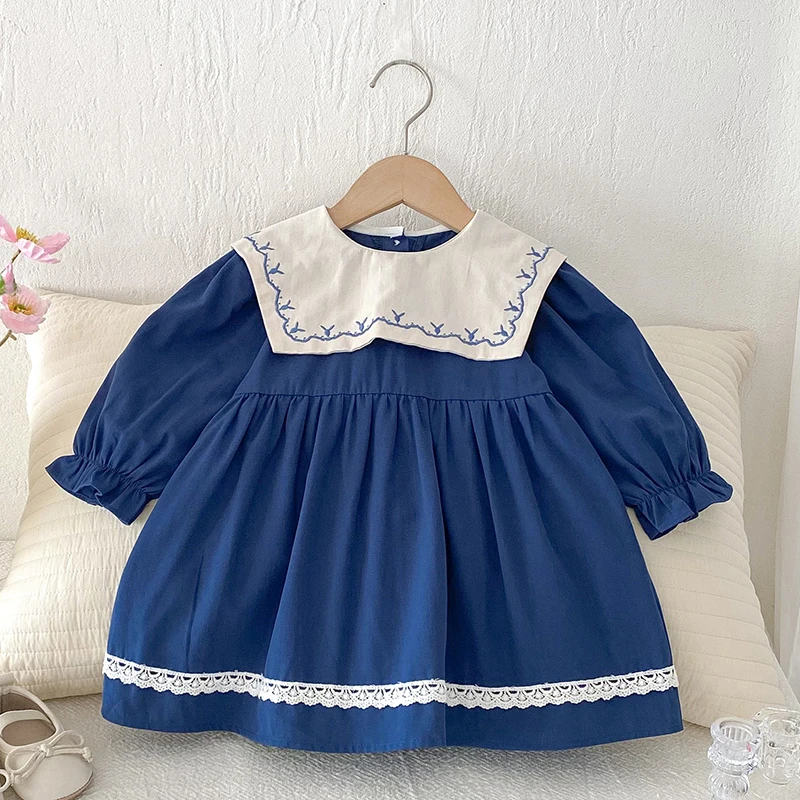 2025 New Autumn European American Style 2-6Yrs Girl Party Dress Long Sleeved Cotton Splicing Kids Princess Dresses
