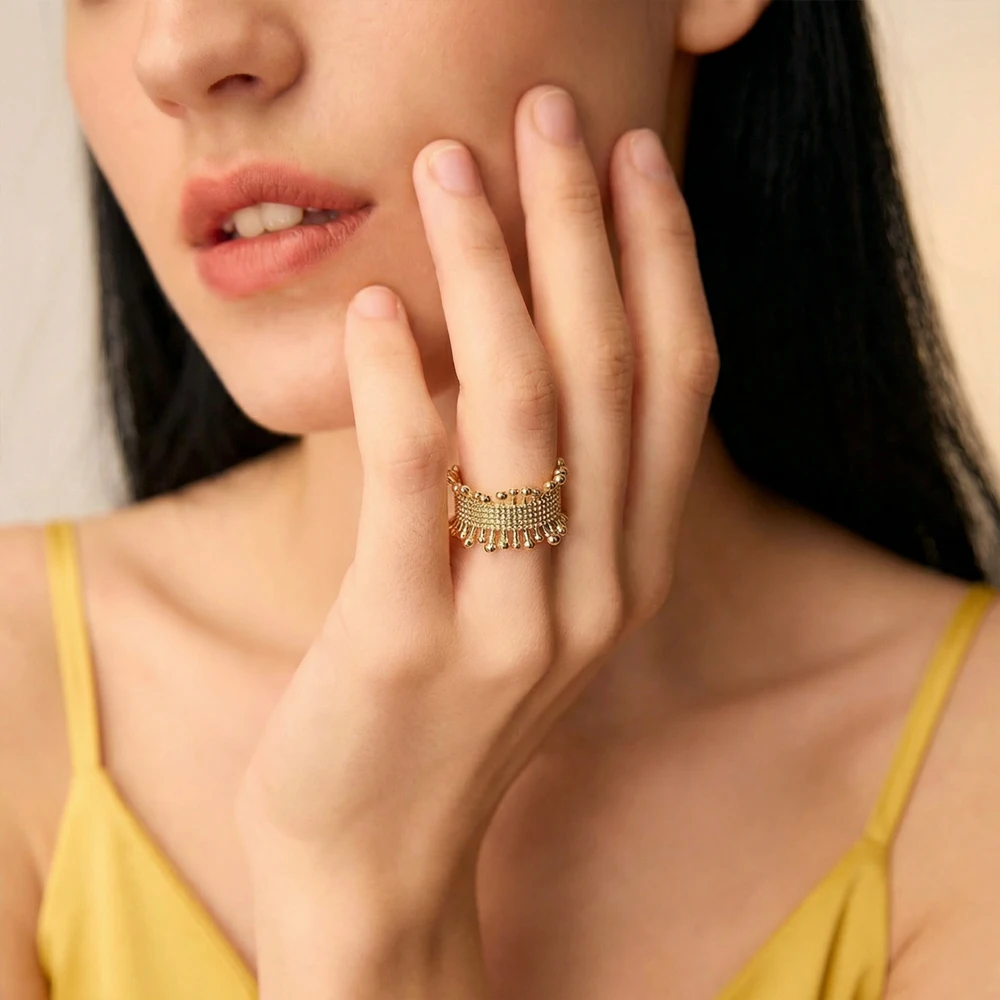Badu Irregular Tassels Weave Wide Open Rings For Women 18K Gold Plated Textured Adjustable Finger Rings Jewelry Gift Party