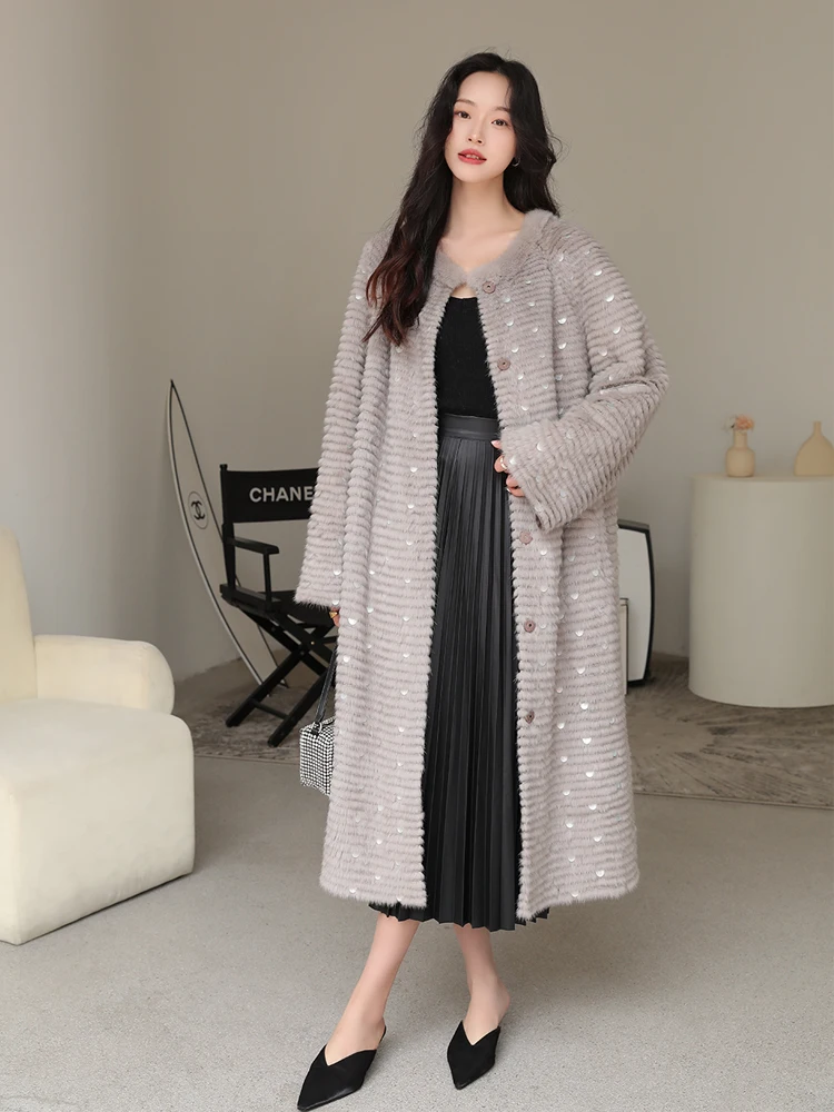 HDHOHR 2024 High Quality Knitted Mink Fur Coats Fashion Natural Mink Jacket Mermaid decoration Long Winter Female Warm  Fur Coat