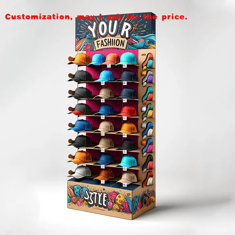 custom.Promotion Fsdu Floor Standing Wall Cardboard Baseball Bucket Hat Rack Display Hat Display Stand
