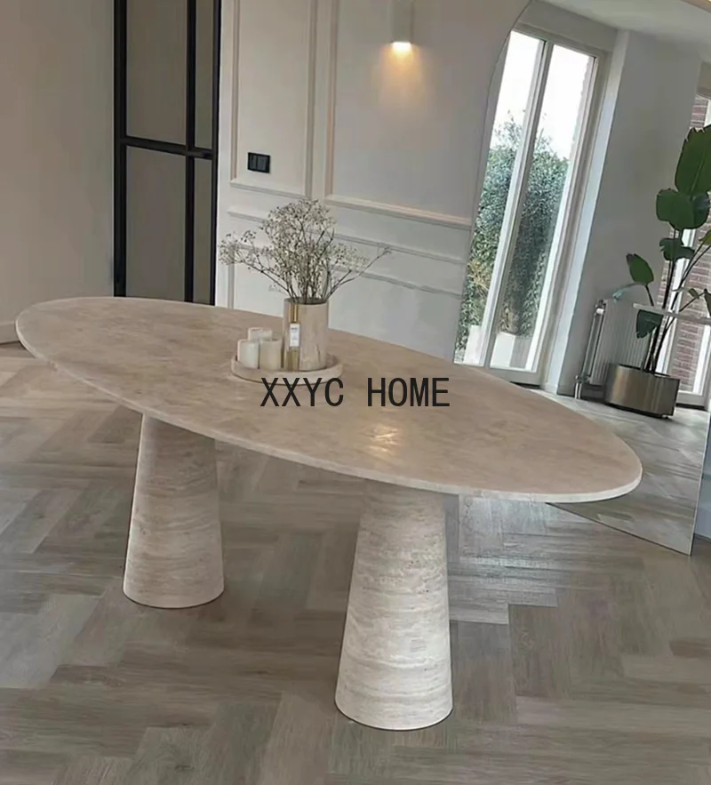 

Natural Marble Ellipse Dining Table Retro Mid-Ancient Miji Wind Tunnel Stone Dining Table