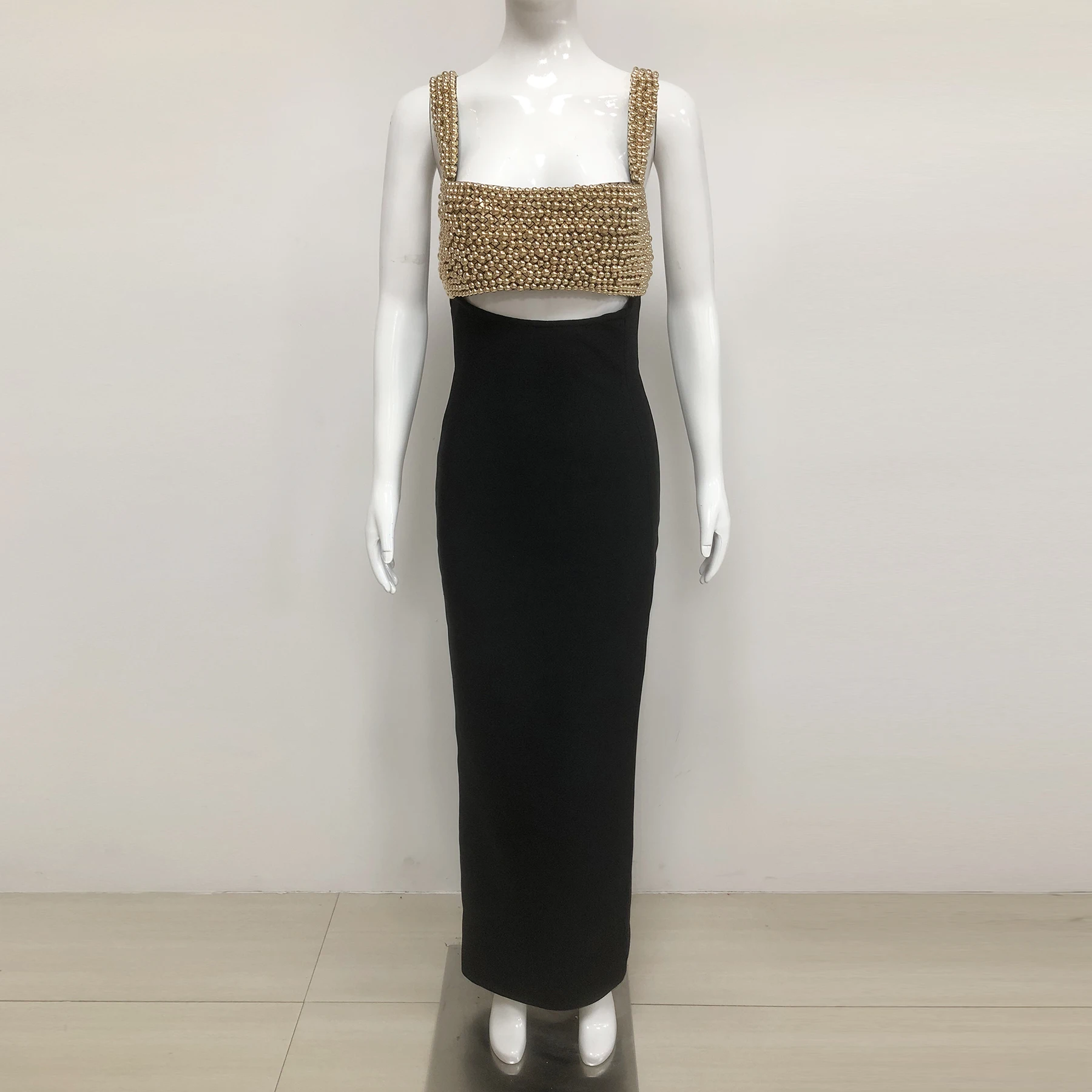 

Women Luxury Birthday Dress Elegant Tank Square Collar Gold Pearls Embroidery Ankle Length Celebrity Evening Party Gala Gowns