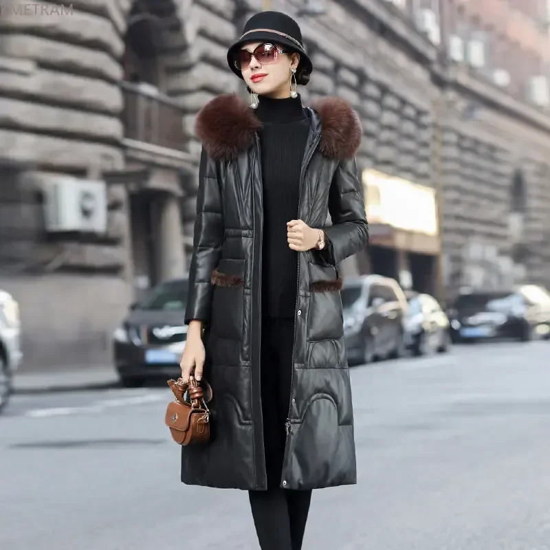 Real Sheepskin Coat Elegant Duck Down Jacket Women New Winter Thick Down Coats Fox Fur Collar Genuine Leather Jackets Mid-length