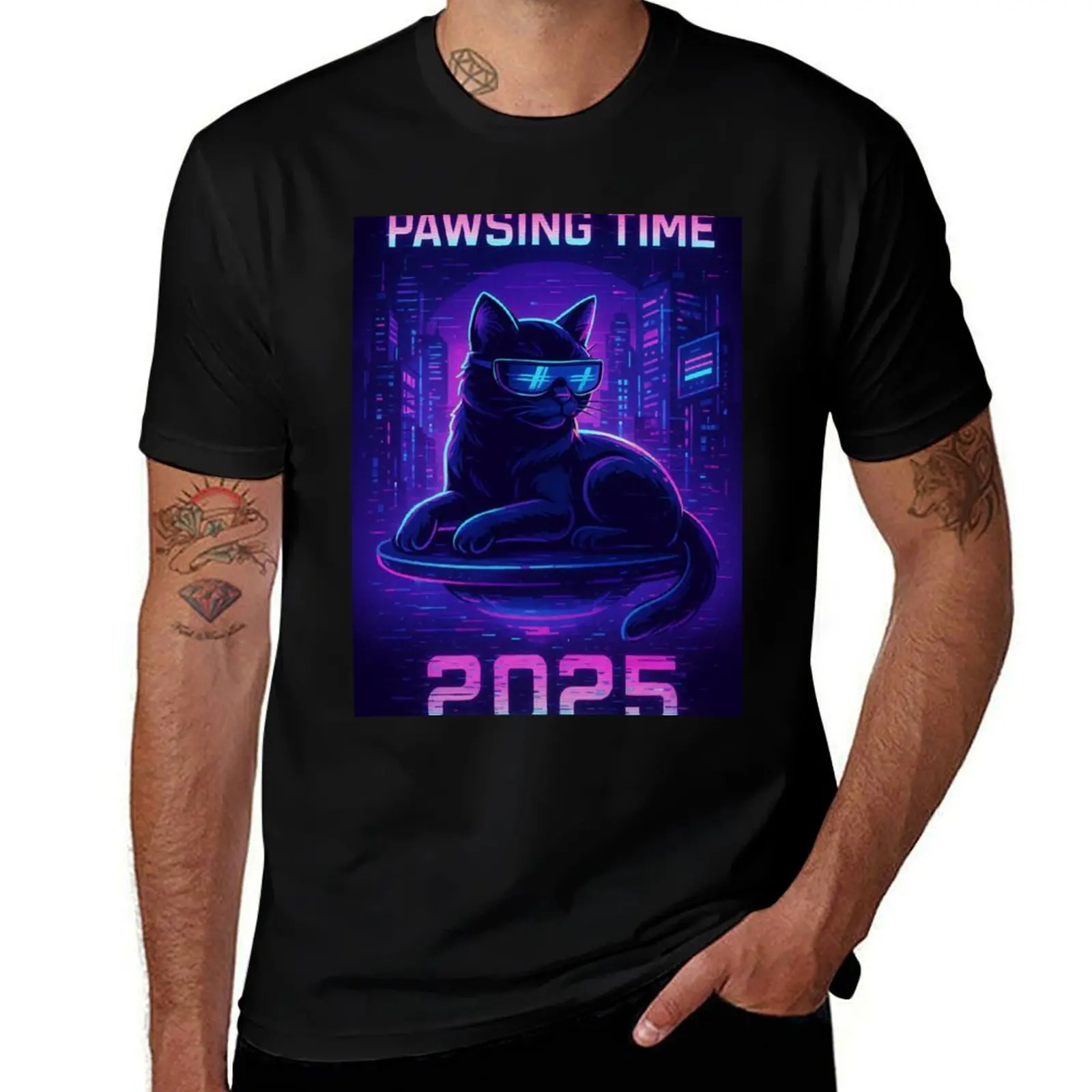 

Cyberpunk Cat on Hoverboard Retro Future Aesthetic T-Shirt graphics quick drying designer shirts tshirts for men