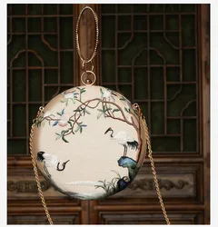 Cape-Bay Brand Women's Bag, Noble and Elegant Small Handbag, Shoulder Bag, Small Round Bag, Crossbody Bag, Classical Beauty, Retro Fashion, Chinese-Style Embroidery, Landscape Painting, Floral and Bird Motifs, Exquisite Mini Crossbody Bag, Champagne-Colored Polyester Fabric Bag with Gold Metal Frame Lock and Chain Strap, Casual Party Evening Bag, Bag to Match Cheongsam, Women's Bag