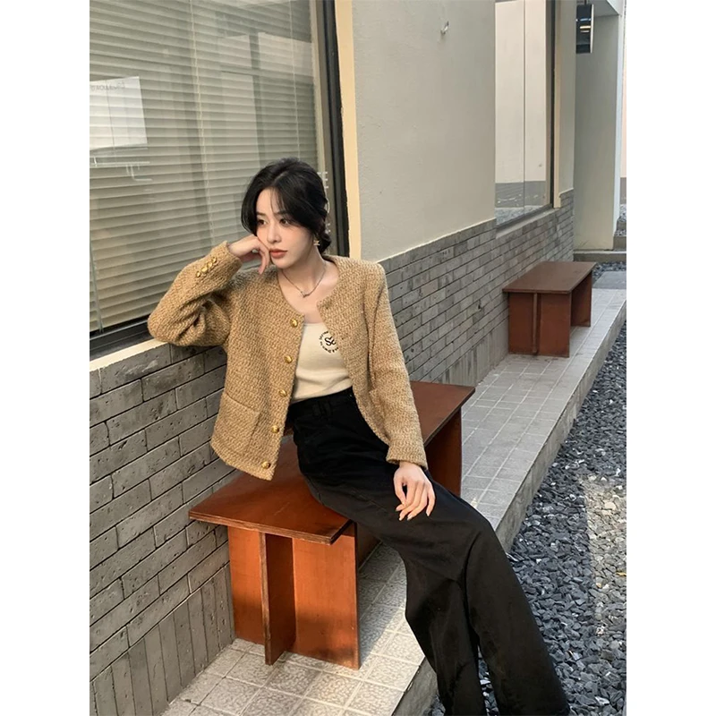 Vintage Tweed Jacket Women Cropped Quilted Coat Winter Korean Luxury Chic Outerwear Elegant Ladies Single Breasted Blazer New