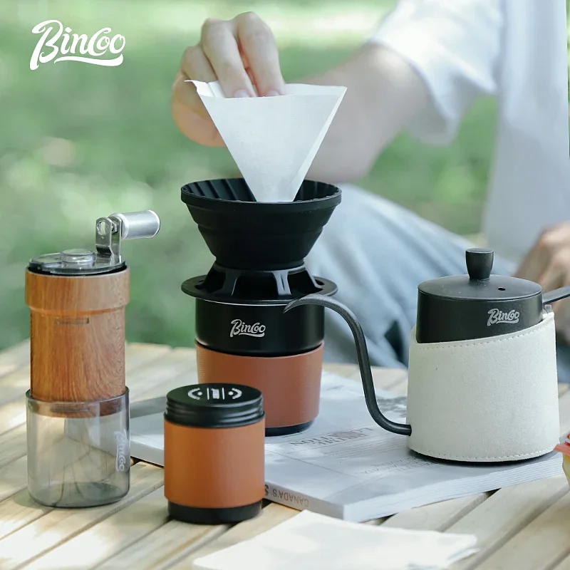 Coffee Making Set Portable Manual Grinder Filter Cup Coffee Bean Can Hand Pour Pot Carry Bag 5In1 Set for Outdoor Camping Travel