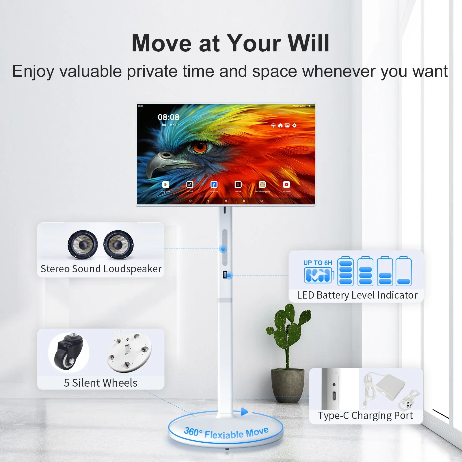 32 Inch Android 13 TV 8+128G 1080P Built-In Battery Family Indoor Smart Tv Wheels for Study Business Entertainment Portable Tv