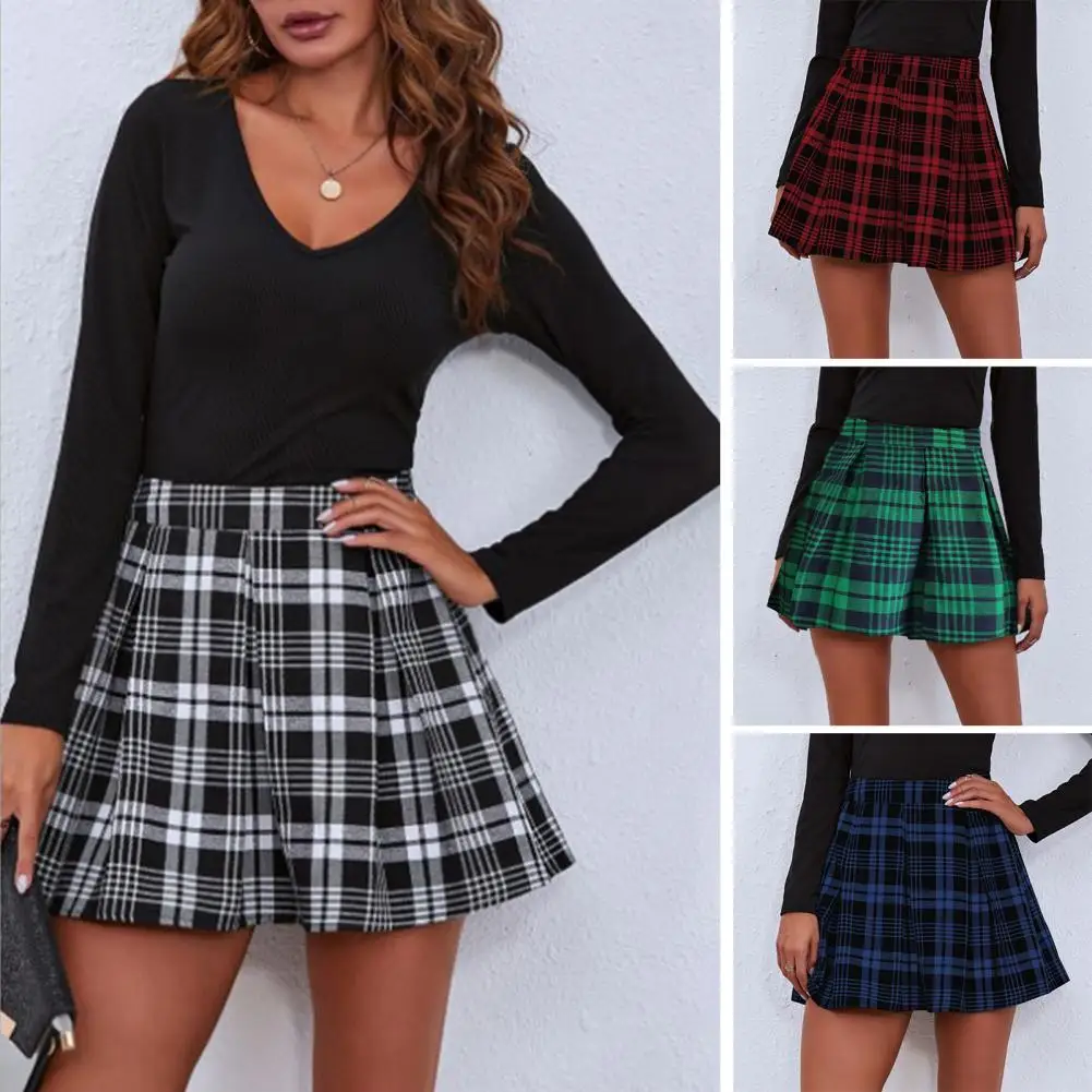 

Pleated Skirt Plaid Print High Waist A-line Skirt Color Matching Loose Hem Side Zipper Closure Above Knee Length for Lady