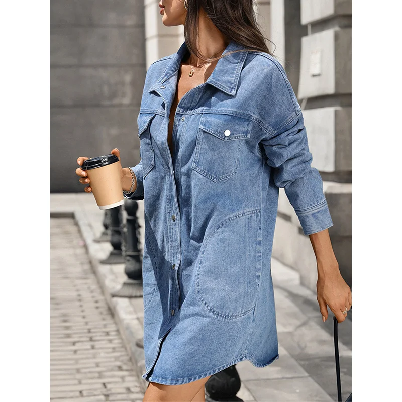 Benuynffy New Single Breasted Washed Denim Shirt Dress Women 2026 Autumn Pockets Casual Long Sleeve Loose Straight Mini Dresses - view 6
