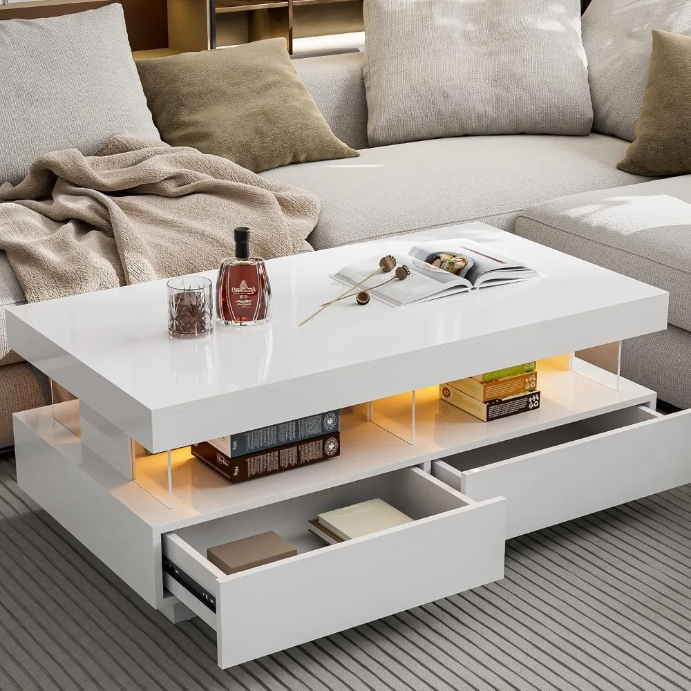 

High Gloss Coffee Table, 43.3 “W with 2 Storage Drawers and Acrylic Design Open Space, 16 Color LED Lights, Center Table