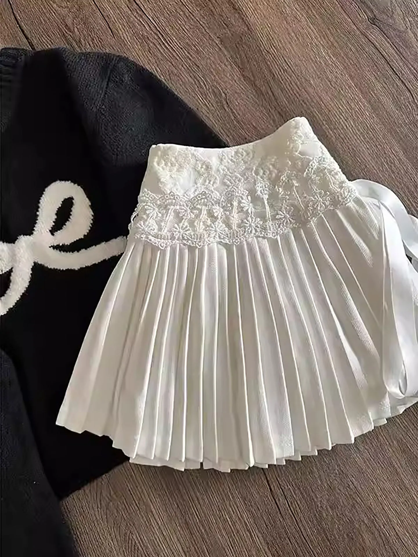 

Юбка-плиссе Pure Desire Style с высокой талией, кружевными вставками и поясом, короткая, женская, весенняя, модный дизайн