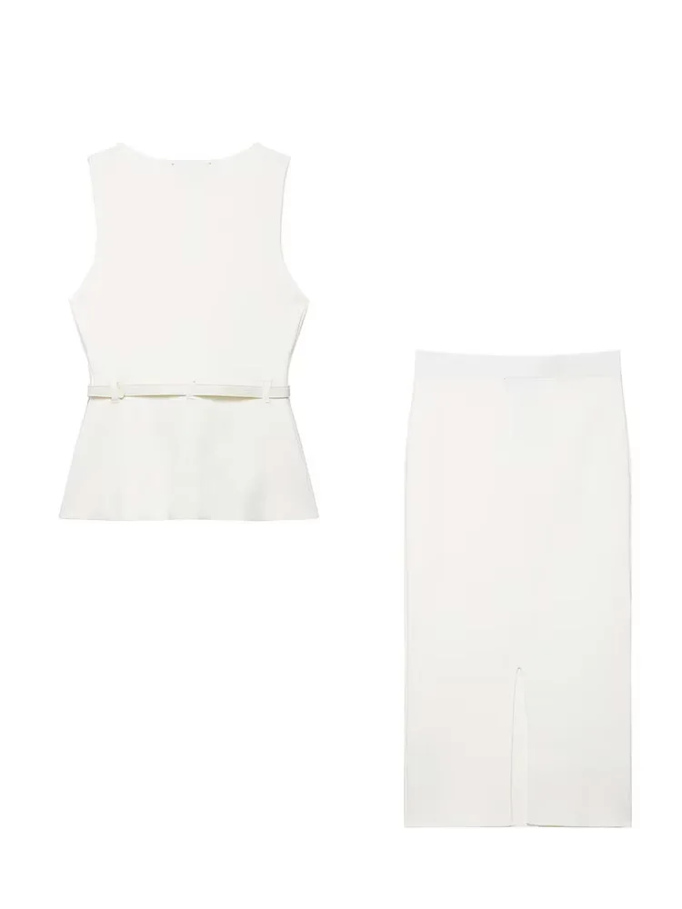 HH Set gonna lavorata a maglia da donna Chic O-Collo senza maniche Decorazione cintura Canotta solida Top + Gonna longuette con spacco sull'orlo elastico in vita alla moda