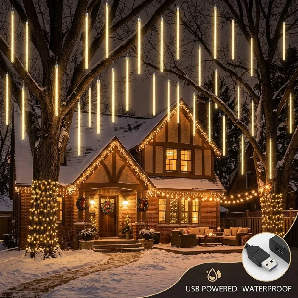 USB Meteor Shower Lights Warm White Holiday for Christmas Halloween Tree Party Festive Window Balcony Stair Outdoor Decor