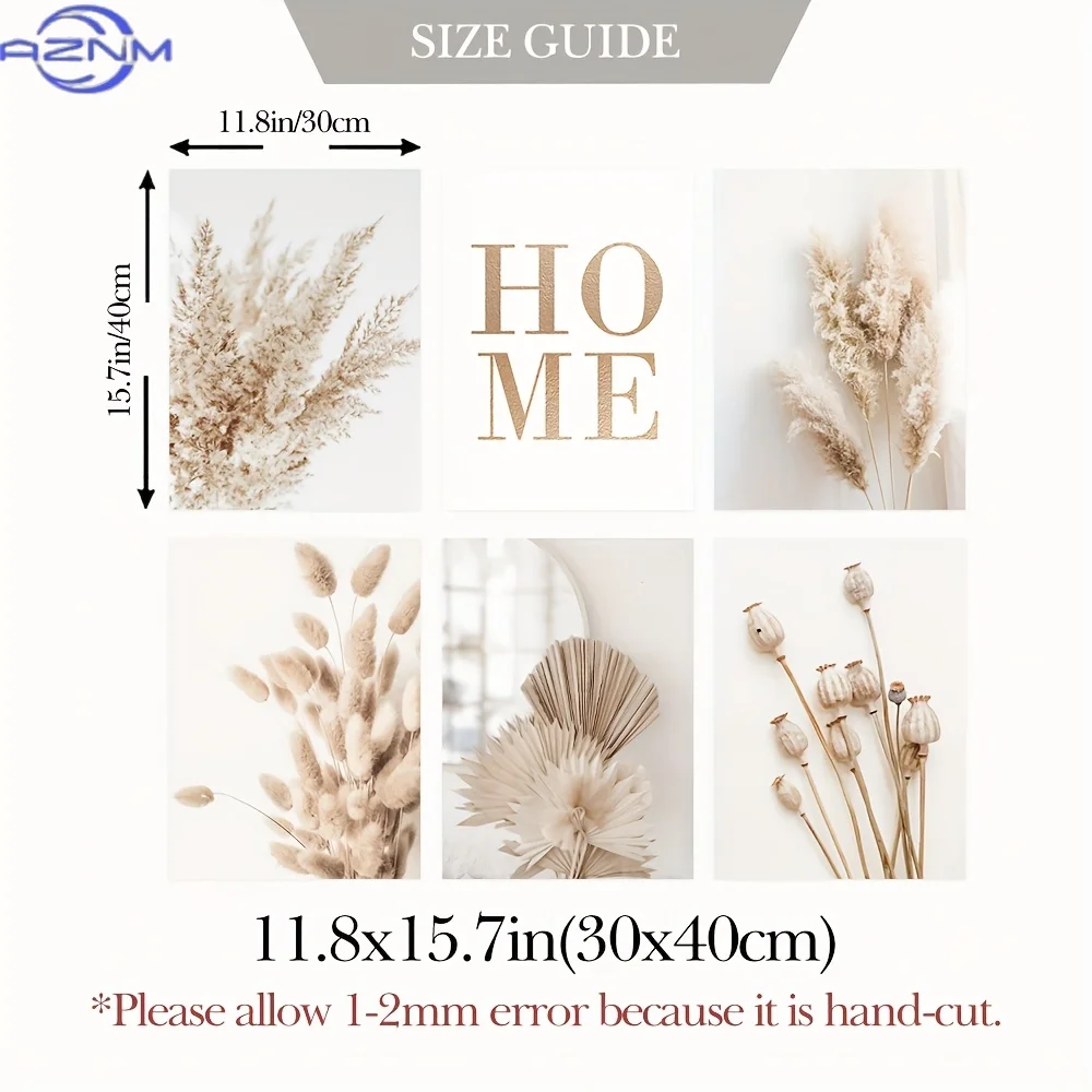 6pcs/3pcs Beige Canvas Paintings, Pampas Grass Artwork Posters, Wall Art, Reed Murals, Leaf Wall Art Prints, Fan Leaf Images, Bo