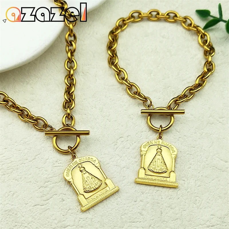 

Stainless Steel Our Lady Of Aparecida Brazil Necklace Bracelet for Women Men Gold Color OUEM ME GUARDA Jewelry Set Gift
