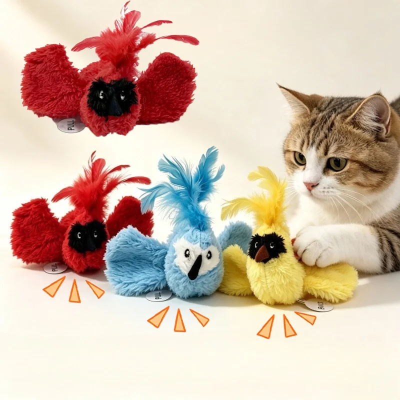 Interactive Cat Toy New Simulated Bird Sound Induction Realistic Feathers Catnip Kitten Toy Bite Plush Toys Cat Supplies