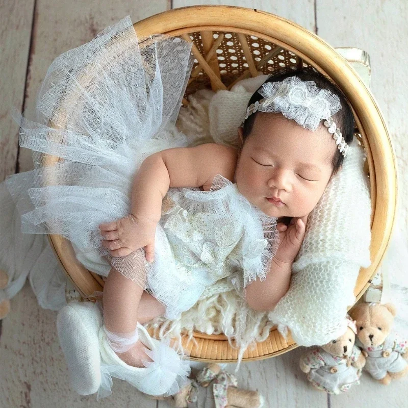 Newborn Photography Set Lace Romper Headband with Baby Shoes Mesh Clothes Three Pieces Set Studio Photo Props