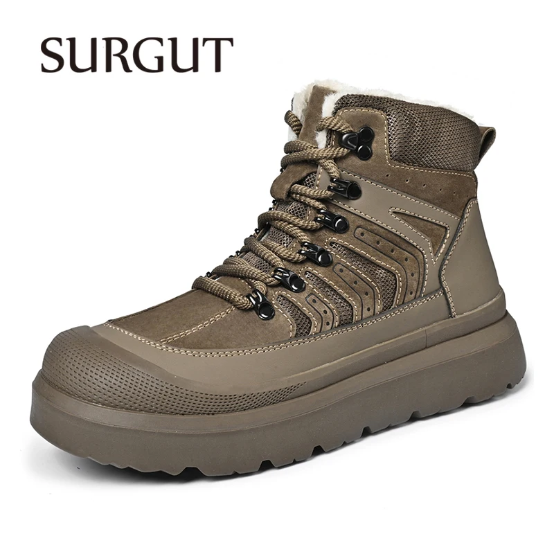 SURGUT Winter Men's Snow Boots Windproof Waterproof Ankle Support Rubber Outsole For Icy Road Walking Plus Size 38-46