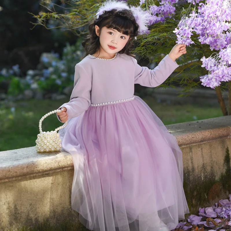 

Autumn Winter Girls' Clothing Taro Purple Pink Puffy Mesh Princess Dress Stylish Children's High-end Dress Hemline
