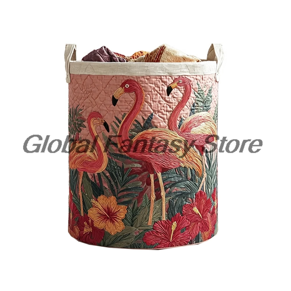 Quilted Flamingo Floral Storage Basket Large Capacity Laundry Hamper with Handles Clothes Storage Bin Home Organizer