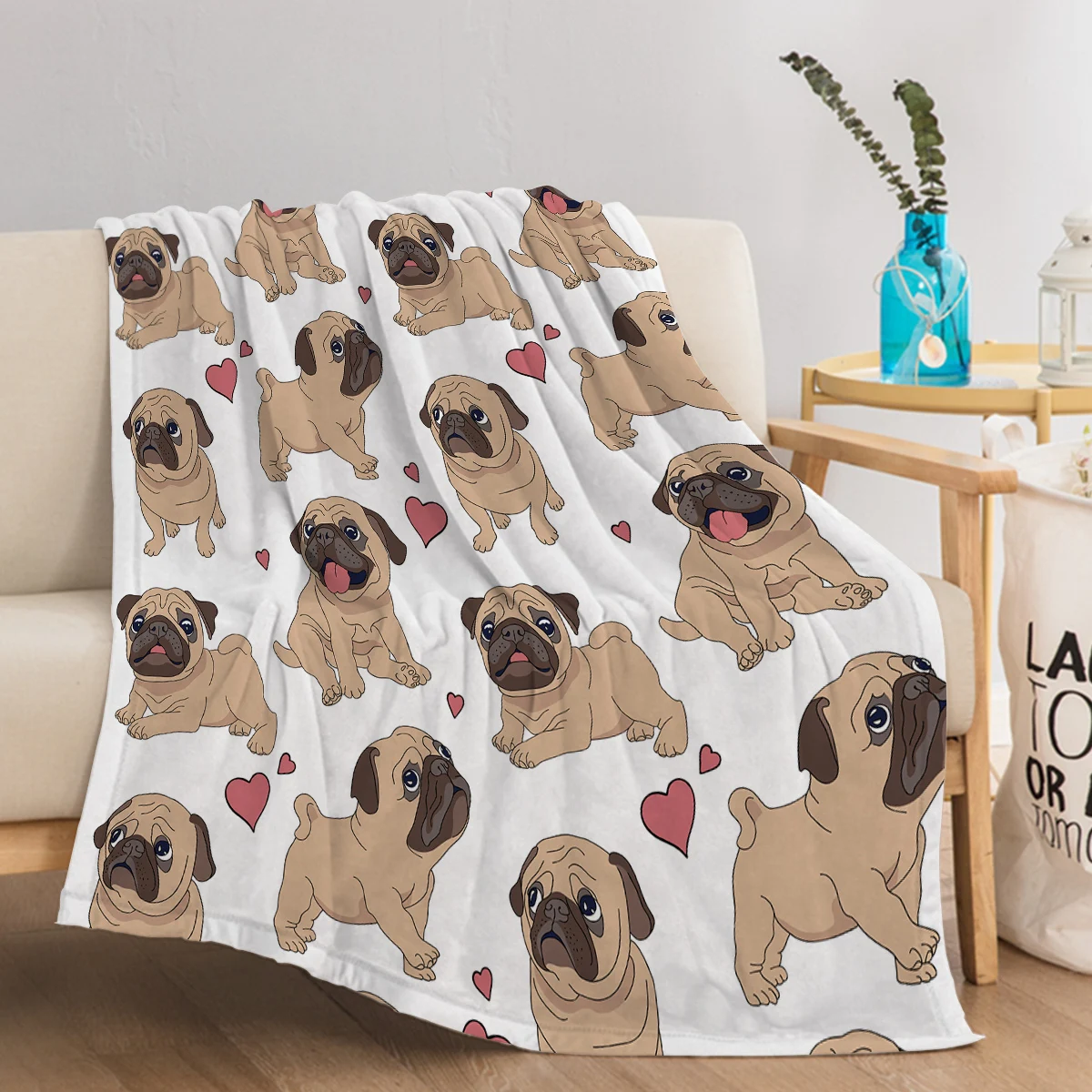 Pug Blanket for Kids Adults Cute Dogs with Red Hearts Throw Blanket Cozy Blanket for Couch Sofa Bed Living Room