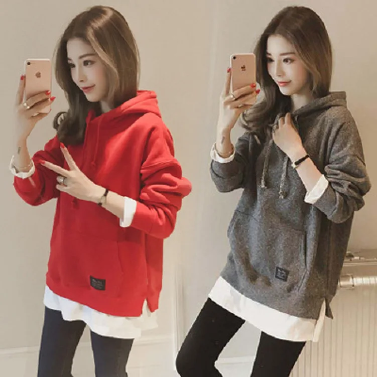 Woman Sweater autumn/winter Pullovers Loose Hooded Drawstring Lantern Sleeve False Two Pieces Ladies Coat Dropshipping ZBBA49