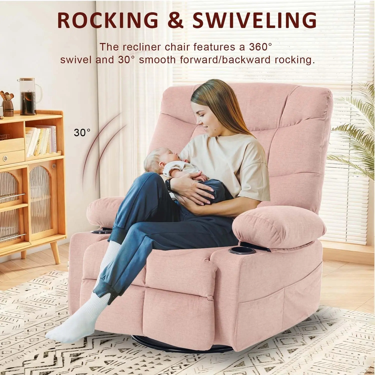 Swivel Rocker Recliner Chair With Massage And Heat, Fabric Heated Reclining Chairs Manual Recliner For Adults, Nursery Rocking G