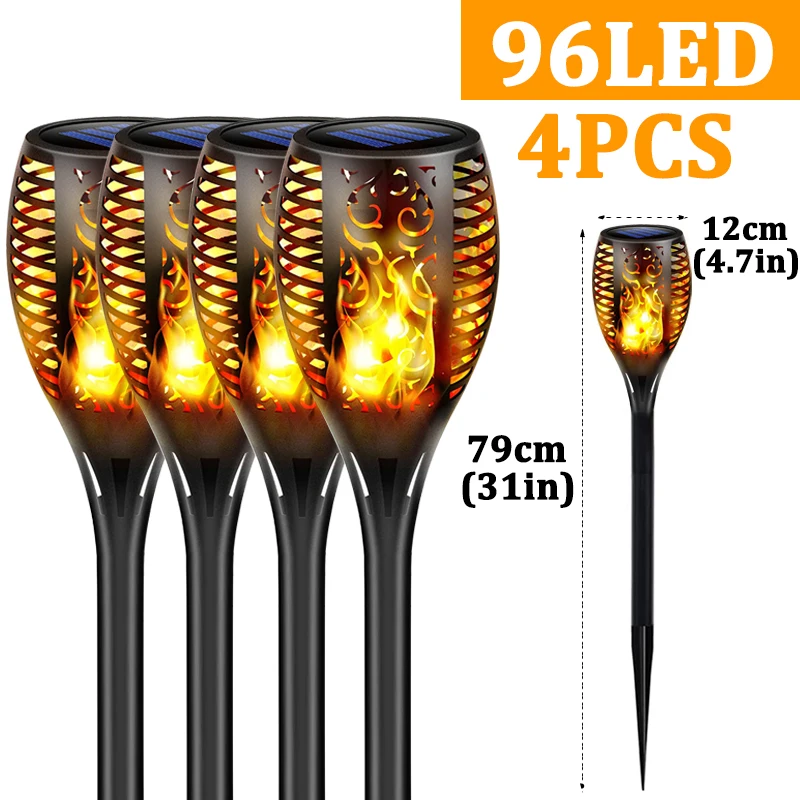 Outdoor Solar Torch Lights, Waterproof, Garden Patio, Flickering Dancing Flame Lamp, 4Pcs, 96 LED