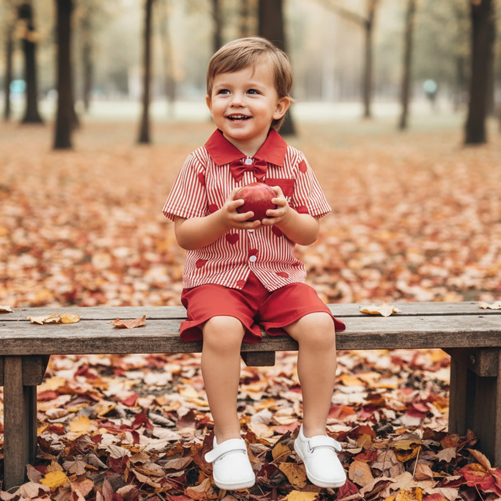 طقم شورت للأولاد لعيد الحب بأكمام قصيرة وقمصان مطرزة على شكل قلب وسروال قصير بلون موحد #1